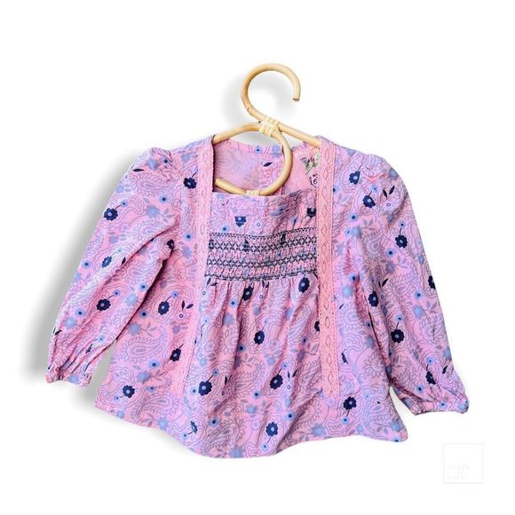 feu folle Other - Feu Folle girls top long sleeve smocked pink blue 4T